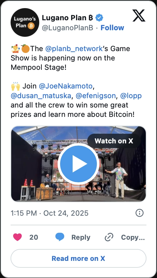 Tweet by Lugano Plan B: The Plan B Network Game Show is happening now on the Mempool Stage