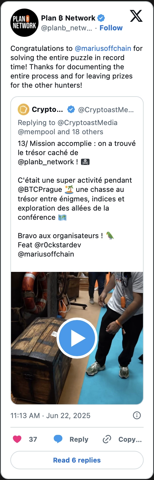 Tweet by Plan B Network: Congratulations to @mariusoffchain for solving the entire puzzle in record time