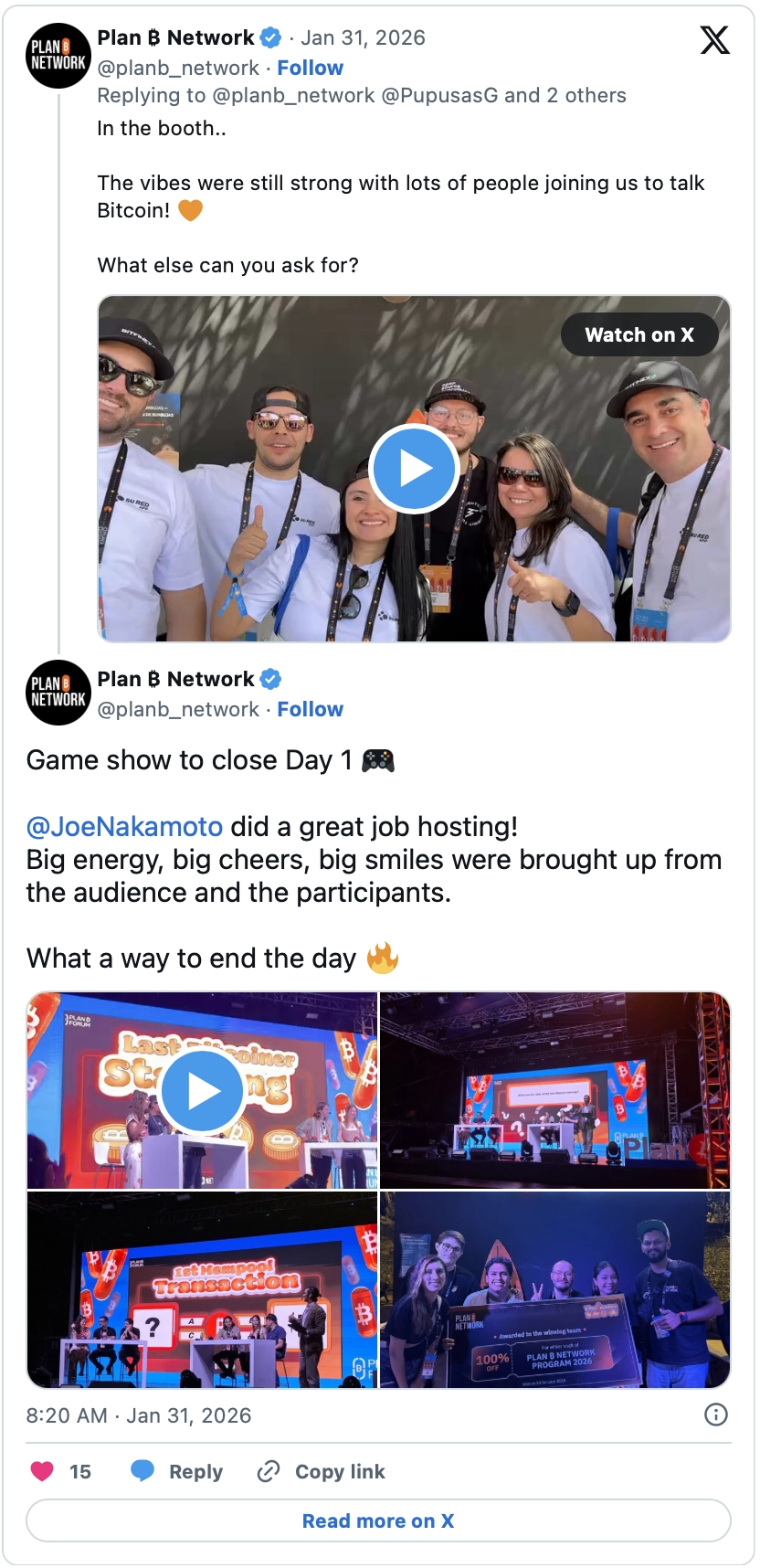 Tweet by Plan B Network: Game show to close Day 1, Joe Nakamoto did a great job hosting