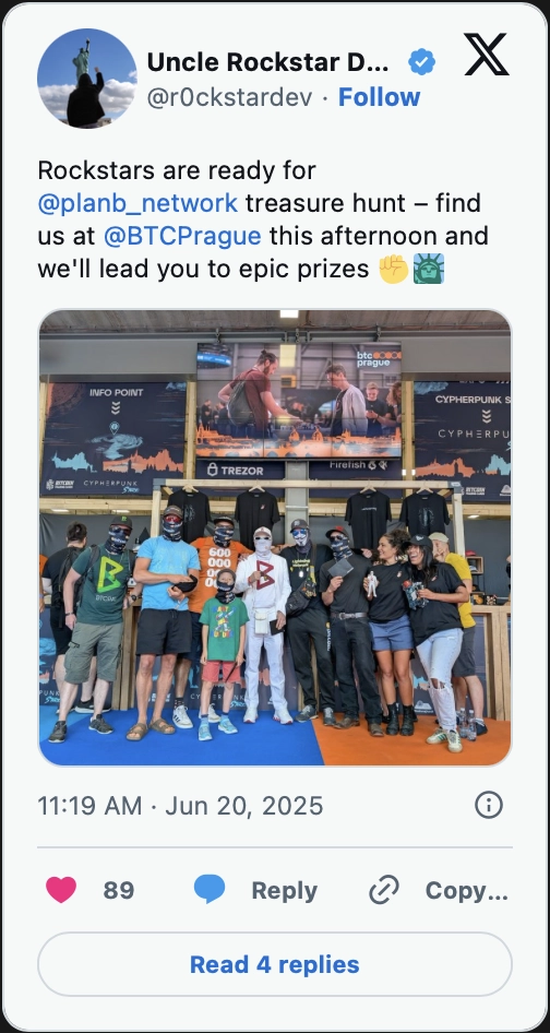 Tweet by Uncle Rockstar Developer: Rockstars are ready for Plan B Network treasure hunt at BTC Prague